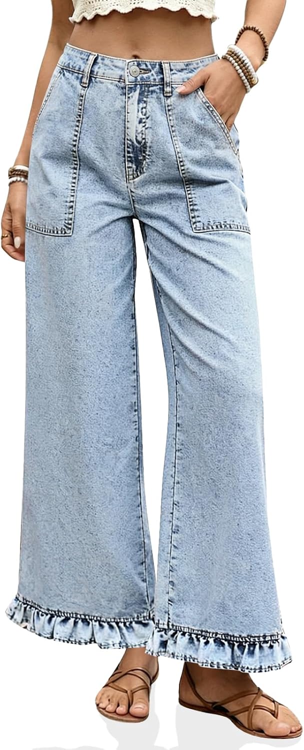 Cicy Bell Womens Ruffle Wide Leg Jeans Cropped High Waisted Baggy Trendy Denim Pants with Pockets