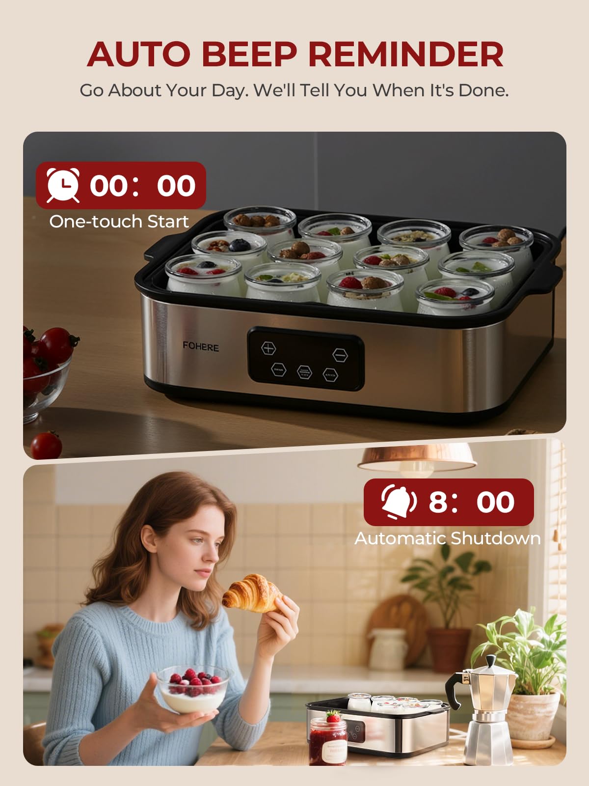 FOHERE Joghurtbereiter 25W inkl. 12 Glasbehälter à 180 ml für bis 2,16L Selbstgemachten Joghurt, Griechischer Joghurtmaschine mit Temperatur und Timer, LCD Display, Abschaltautomatik, BPA-frei