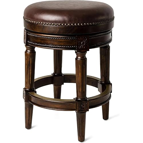 Maven Lane Pullman Backless Counter Stool 26 Inches - Swivel Stool with Footrest - Dark Brown Solid Wood Frame & Brown Faux Leather Upholstery - Perfect for Kitchen Islands & Counters