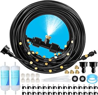 Maotong 100FT Outdoor Patio Misting System Kit - 32 Brass Nozzles, Water Filter, Clog-Free Cooling for Backyard, Greenhouse, Trampoline