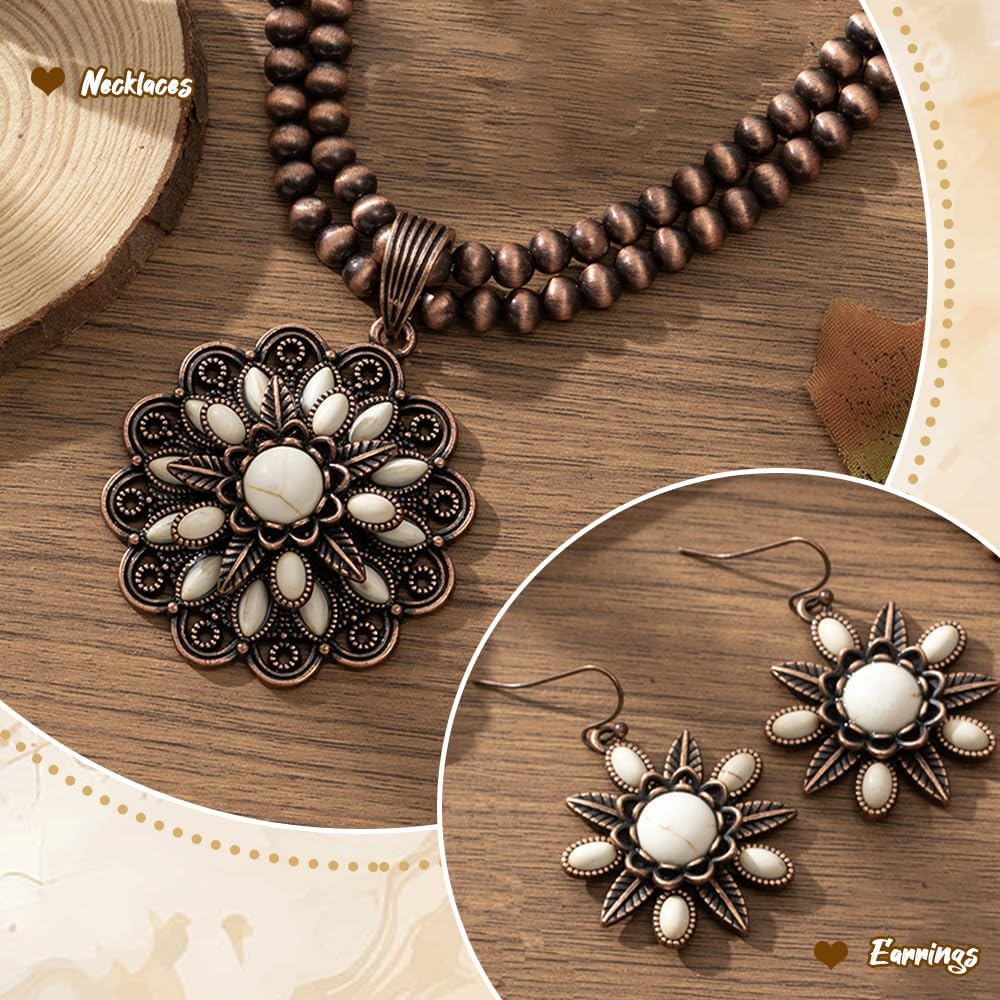 4 Pack Boho Vintage Turquoise Jewelry for Women, Bohemian Western Jewelry Set with Vintage Turquoise Necklace Dangle Earrings Stretchable Bracelet Ring, Country Cowgirl Accessories for Gift - Image 4