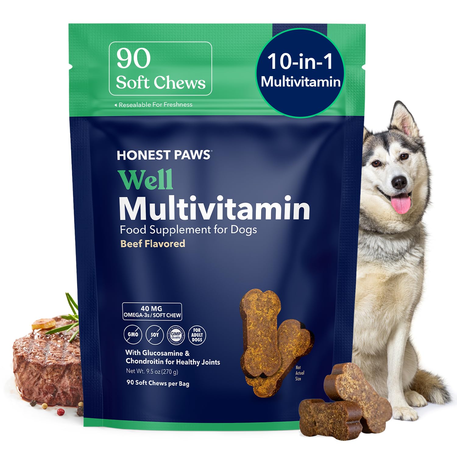 Honest Paws (90 Count) Dog Multivitamin Soft Chews with 10 Essential Vitamins - Joint, Coat, Immune, Eye & Heart Support - with Glucosamine, Chondroitin & Omega-3 - Beef Flavor