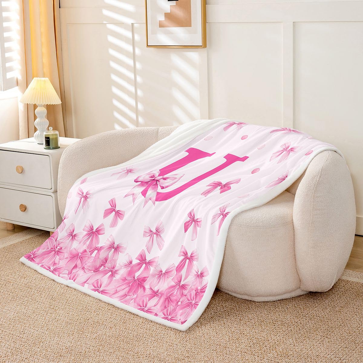 Couverture 220x240cm Filles Mignon Rose Bowknot Plaid Couverture Polaire Monogrammed Jeté de Canapé Personnalisé Lettre U Flanelle en Microfibre Coquette Bowknot pour Canapé et Lit