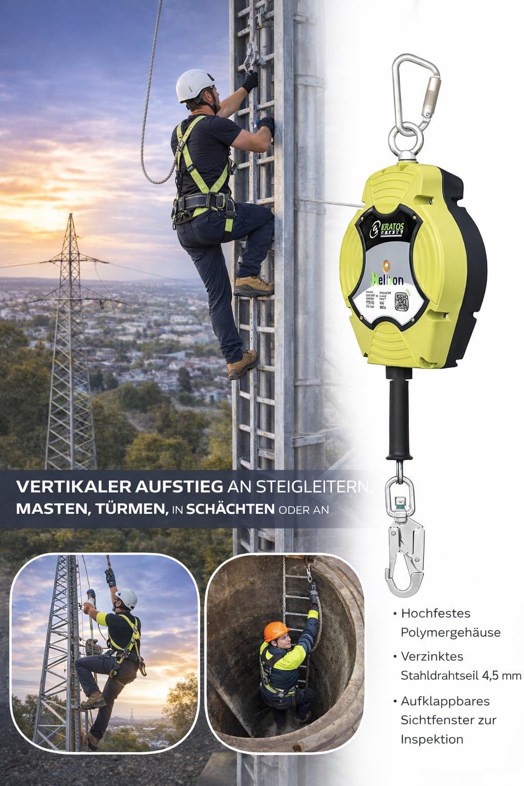 Kratos Safety Helixon Stahldrahtseil Höhensicherungsgerät mit automatischem Rückzug, 15 m, Vertikaler Gebrauch, EN360, PSA