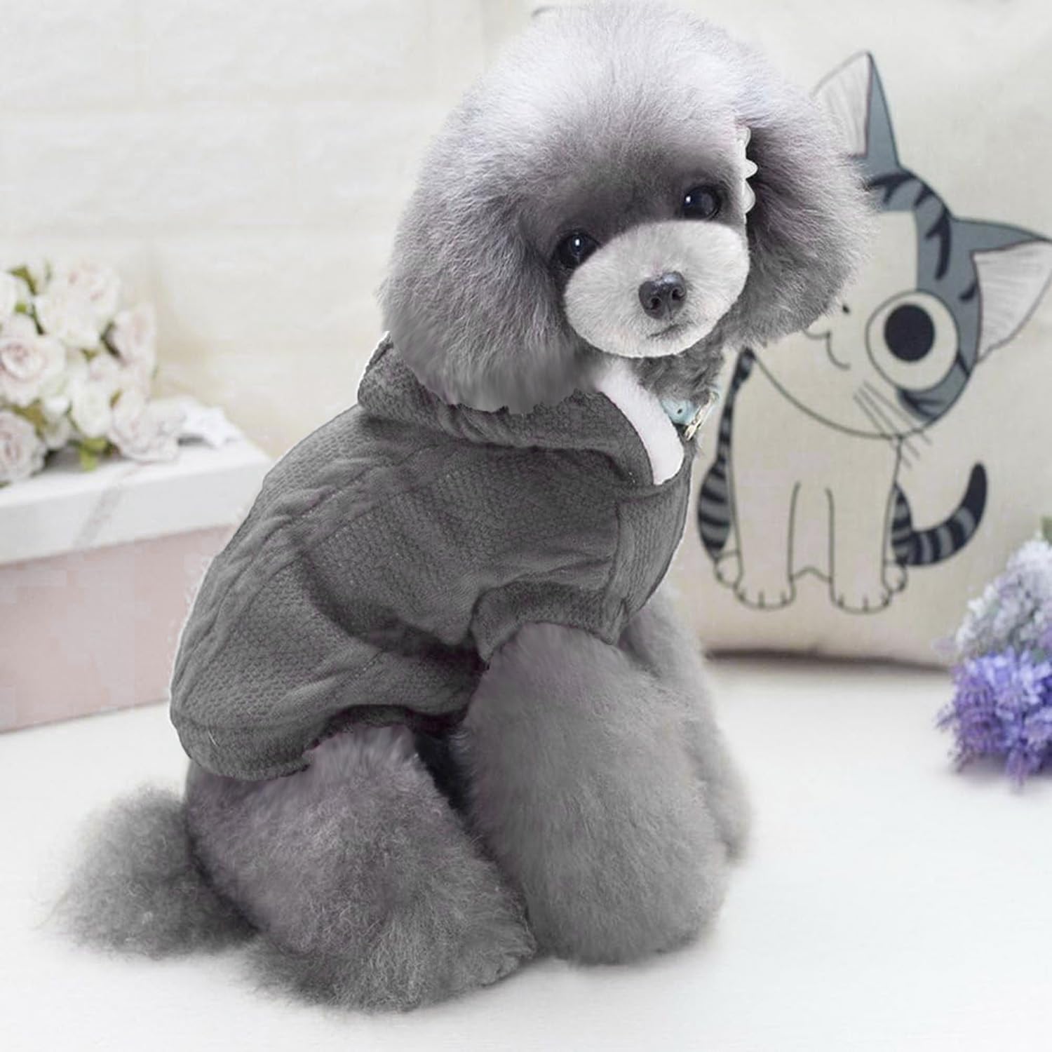 Lulala Dog Hoodie Sweater Coat only for Small Dog & Cat Fleece Lined Winter Jacket Hoodie Cardigan Warm Puppy Clothes (Grey-8 Inch) 4