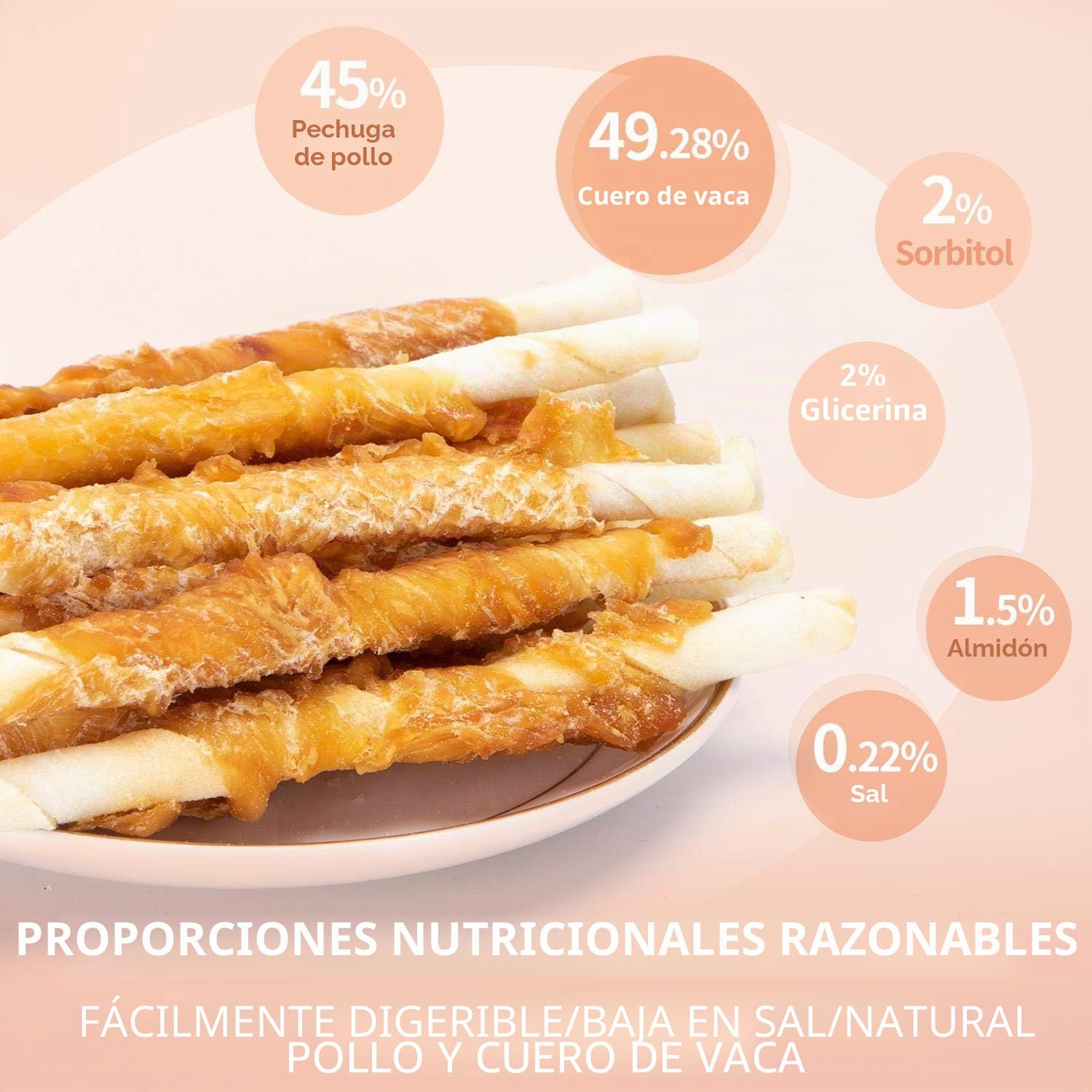 Nobleza - 600g Snack Perro Palitos de Piel de Buey Enrollados con Pollo Deshidratado, Ricos en Proteínas y Bajos en Grasas - 12cm