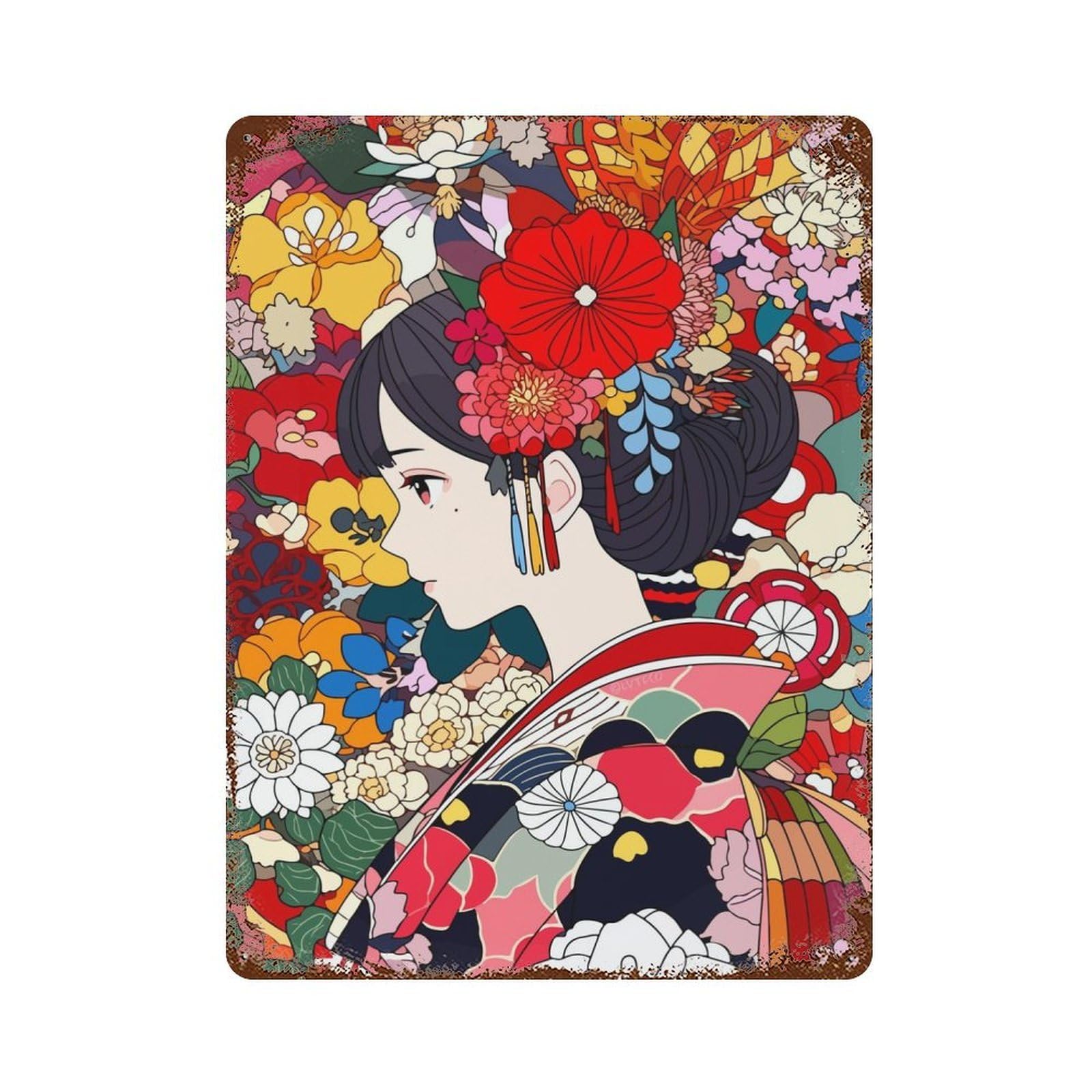 Vintage Rust Metal Sign Japan Kawaii Girl Flower 15.7"x11.8", Decorative Metal Wall Art for Basement, Hobby Room And Garage Decor