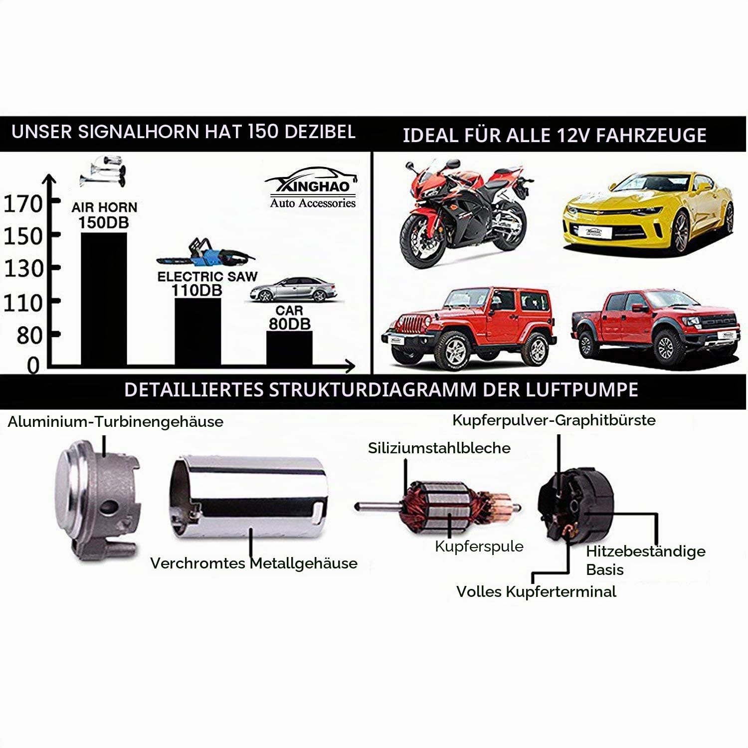 Air Horn Lufthorn 24V Autohupe 150dB Silber 45cm Lautsprecher Chrom Zink Single Trumpet mit Kompressor Luftpumpe für alle 24V Autos LKW Zugboot Motorrad