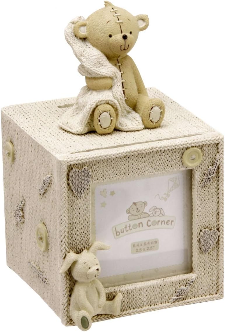 Christening Gifts - Button Corner Teddy Bear Money Box & Photo Frame