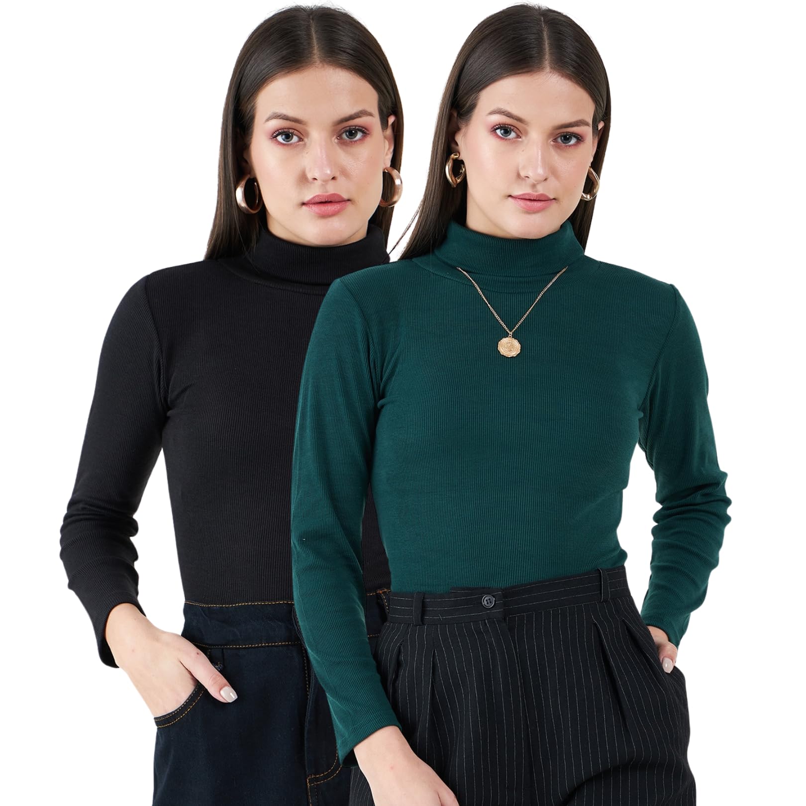 n.h.k.a. Set of 2 Black/Bottle Green Long Sleeves Turtle Neck Top-picture-22