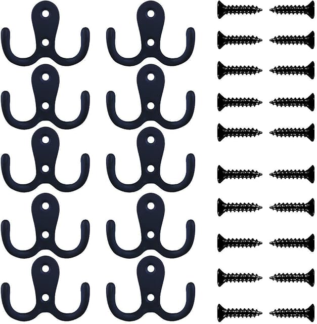 Umsole 10 Pieces Double Prong Robe Coat Hook Retro Cloth Hanger with 20 Pieces Screws (Black)