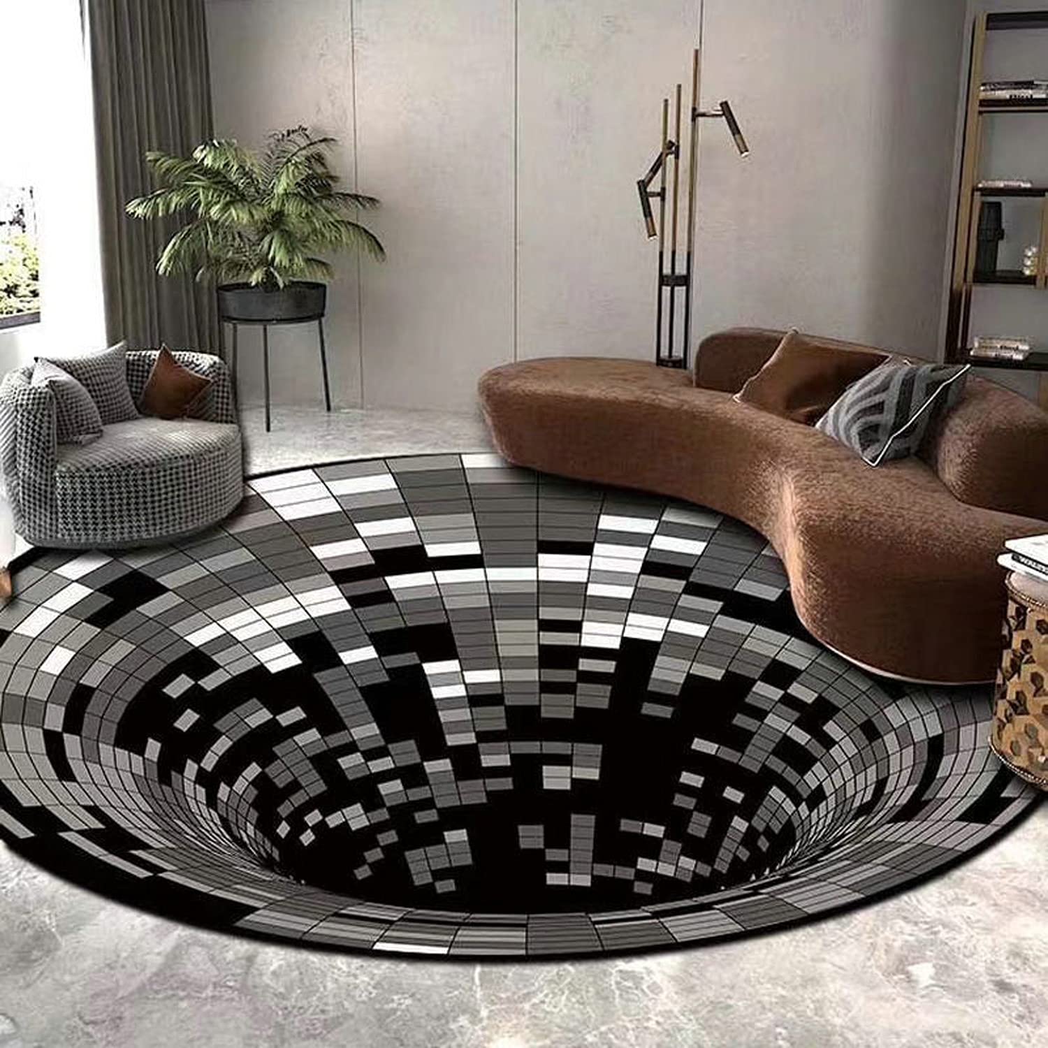 Alfombra antideslizante de ilusiones ópticas a cuadros, alfombra 3D, alfombra redonda, alfombra negra, blanca, para sala de estar, 120 cm, estilo A