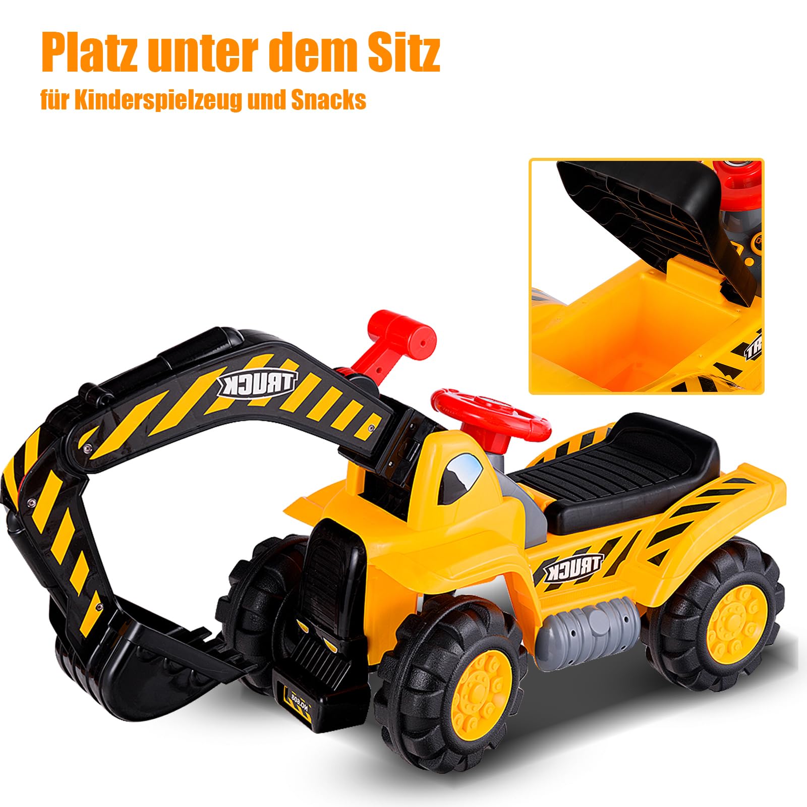 SOARS Sitzbagger, Aufsitzbagger mit Stauraum unter dem Sitz, Kinderbagger mit Horn & Soundeffekten, Sandkasten Bagger mit Verstellbarer Schaufel, inkl. Helm & 3 Spielzeug Stein