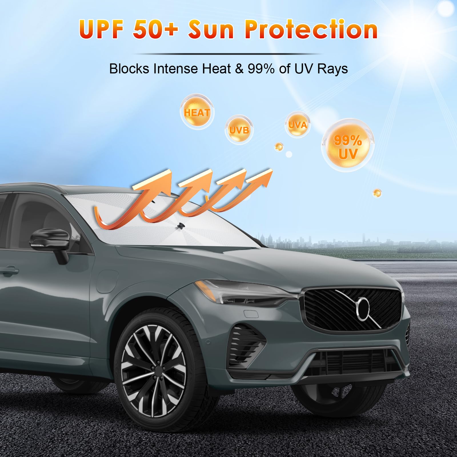 [2026 Upgrade] BSTW Kompatibel mit Volvo XC60 2017-2025 2026 Sonnenschutz für Frontscheibe, Automatisch Faltbar Pull-Cord-Sonnenschirm Fiberglas-Skelett UV-Schutz Hitzeschutz XC60 Zubehör