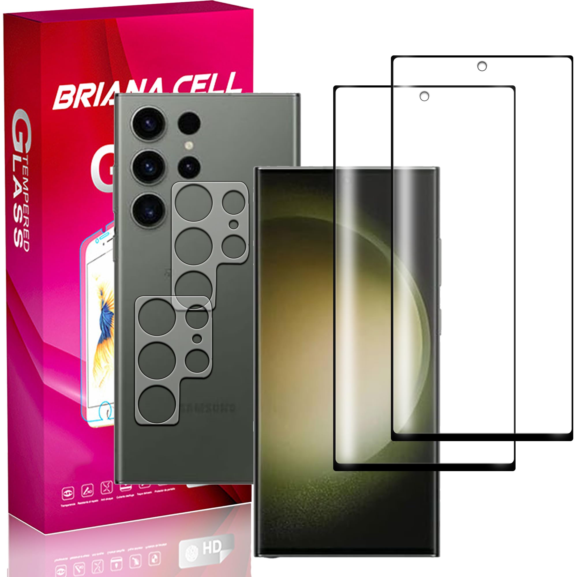 【2+2枚セット】For Galaxy S23 Ultra 用の ガラスフィルム (2枚) ＋Galaxy S23 Ultra 用の カメラフィルム (2枚) 日本旭硝子素材製】S23 Ultra 用の 強化ガラス 保護フィルム 9H強度 撥油性 超耐久 高光沢 超薄型 指紋防止 衝撃吸収 高透過率 飛散防止 貼り付け簡単 気泡なし 極薄 超高質感 Briacicell