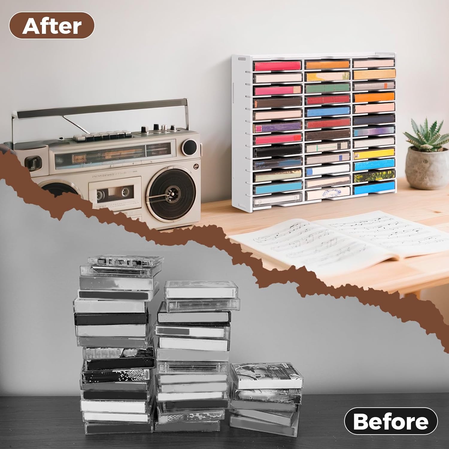 SANFURNEY 36 Slots Cassette Tape Storage Rack Desktop Audio Tape Organizer, Wall-Mounted Audio Cassette Holder -White