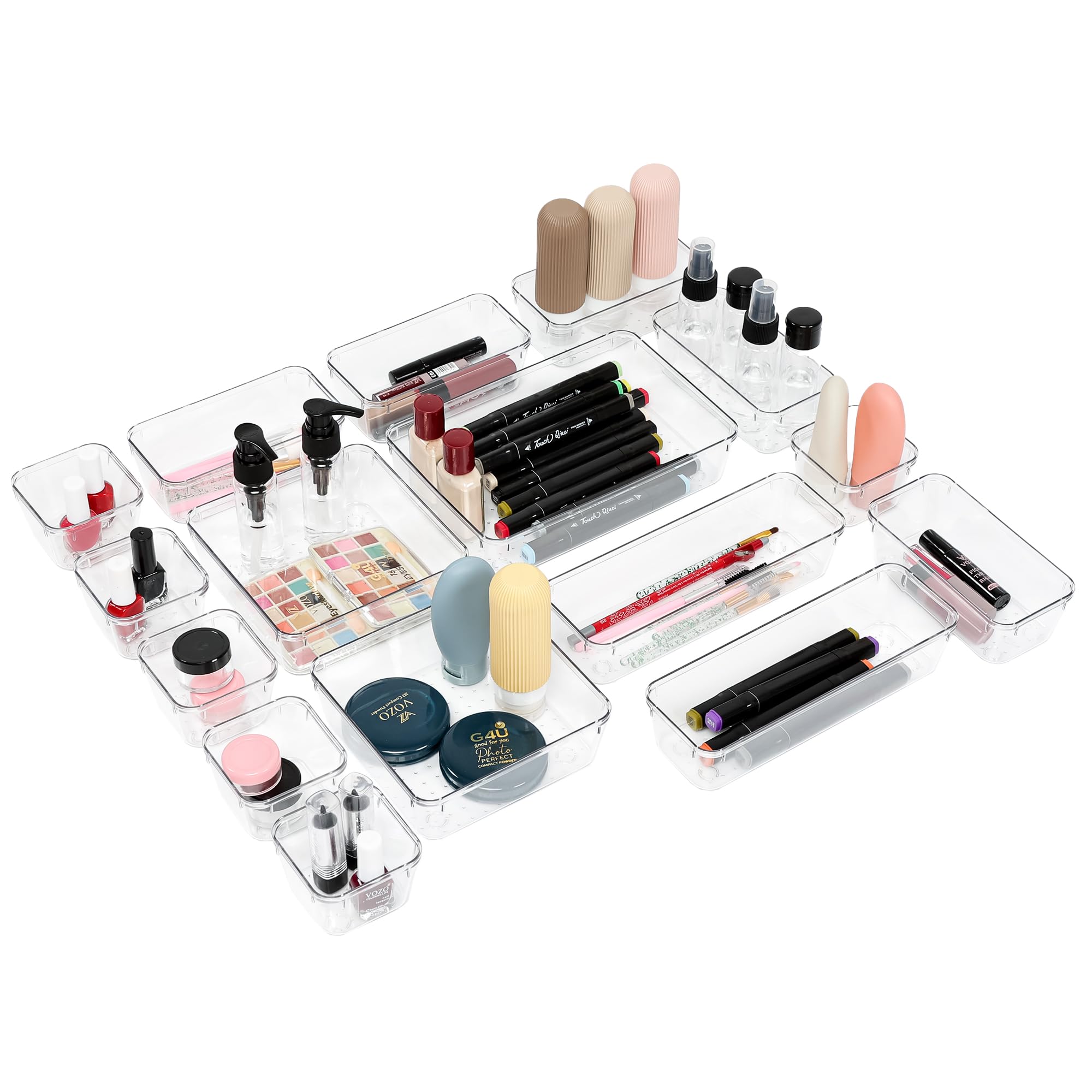 BOXJOY Set of 16 Break Resistant Smart Acrylic Desk Drawers Organisers Transparent Organizer Tray for Office Drawer Dressing Table Makeup Storage Cosmetic Bathroom Dividers and Make Up Plastic Boxes 1