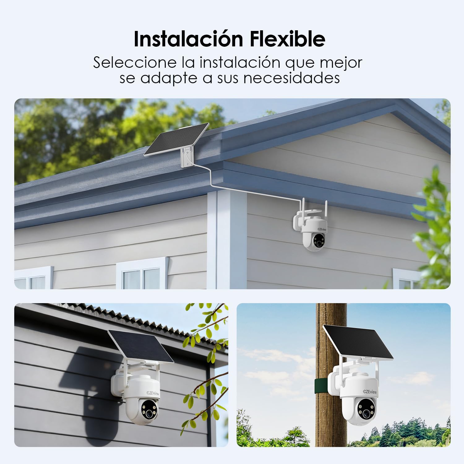CZEview Todo en 1 Camara Vigilancia WiFi Exterior Solar con Batería, sin Cable, Seguridad Camaras Vigilancia Domicilio WiFi, Humana/PIR Sirena, Visión Nocturna Color, IP65 (2K Blanco 2a Gen)