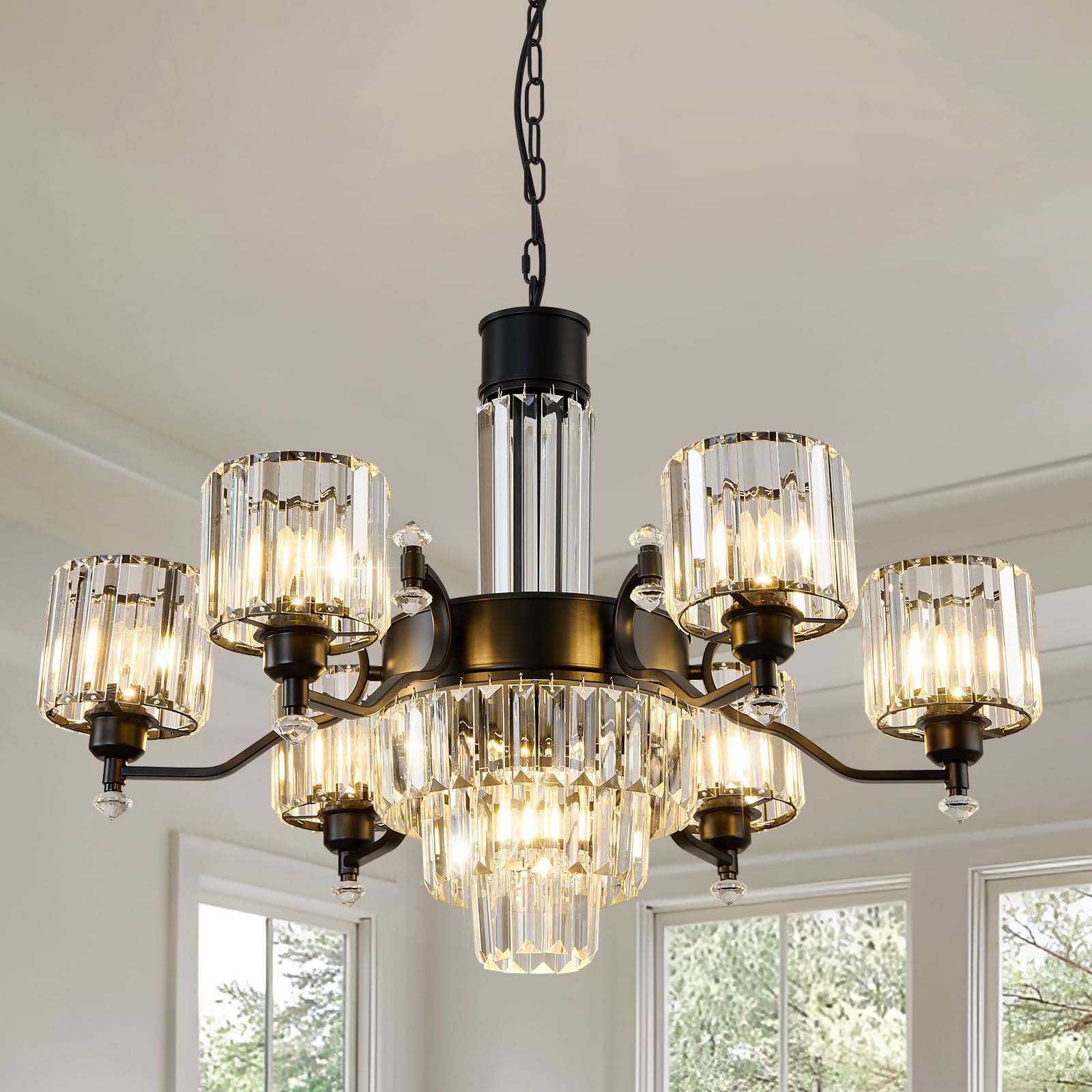 CVKASH 7-Light Farmhouse Large Crystal Chandelier Modern Black Adjustable Hanging Pendant Light Vintage Ceiling Light Fixture for Living