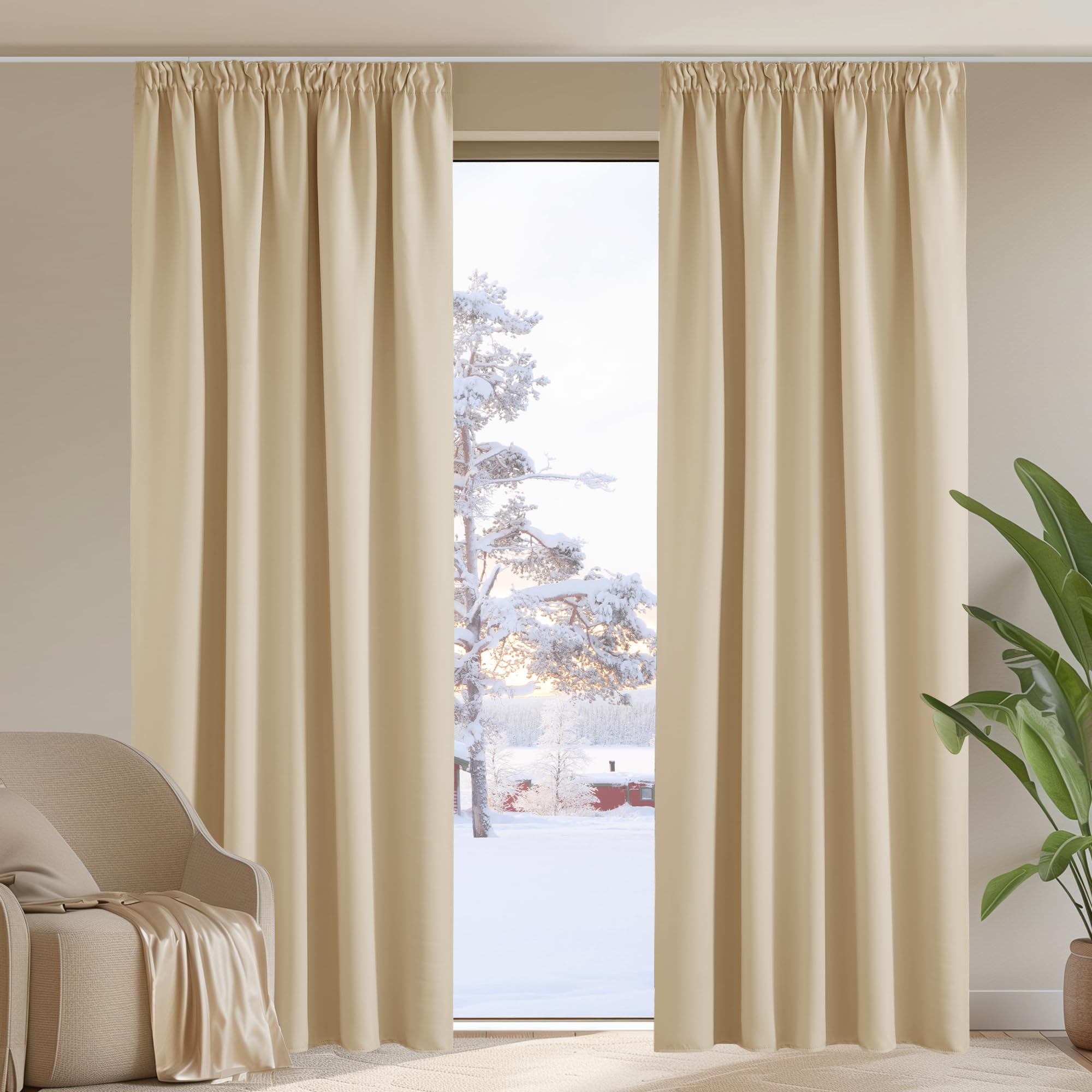 PONY DANCE Tende Termiche con Fettuccia 2 Pezzi 140x260 CM - Tende Oscuranti per Soggiorno Eleganti Tenda Oscurante Porta Finestra Tenda Termica Isolante Caldo, Beige