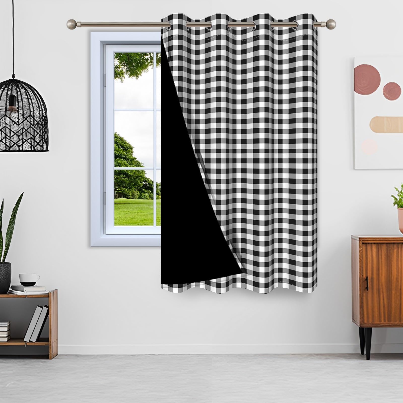 135x245cm Cortina con Ojales Cuadros Blanco y Negro,1 Panel
