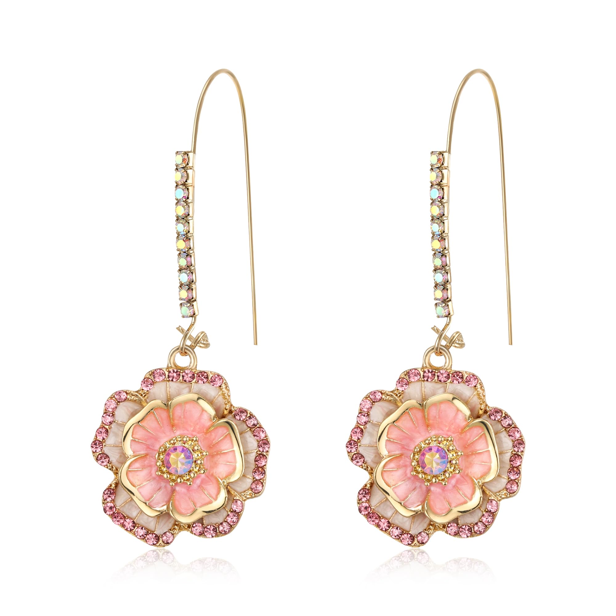 BriLove Fashion Elegant Rhinestone Enamel Rose Flower Hook Dangle Earrings for Women Party Prom Earring Accessories