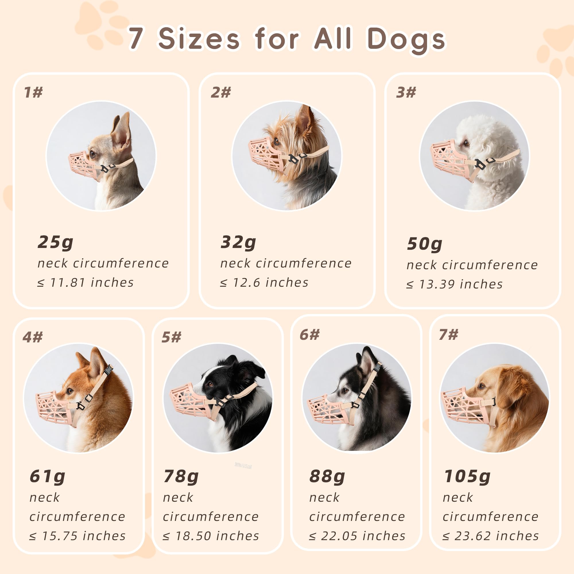 7 pezzi / set museruola in plastica per cani, maschere per cestini per animali domestici regolabili anti-morso, traspiranti e confortevoli