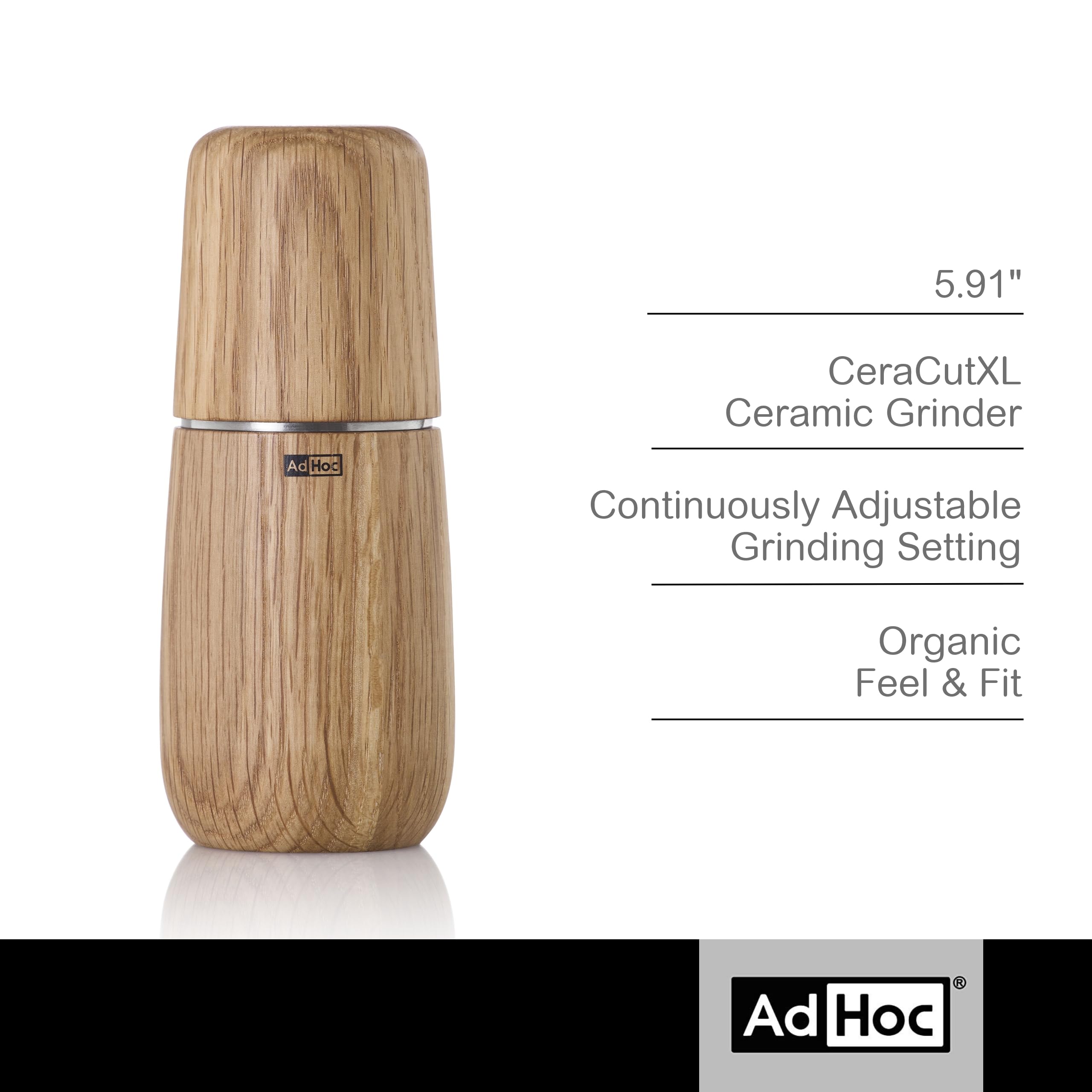 AdHoc Yono Gewürzmühle 15 cm – manuelle Mühle aus Eichenholz, geölt (hell) – Keramikmahlwerk stufenlos einstellbar – Premium Holzmühle für Salz und Pfeffer – Elegantes Design für Küche und Tisch