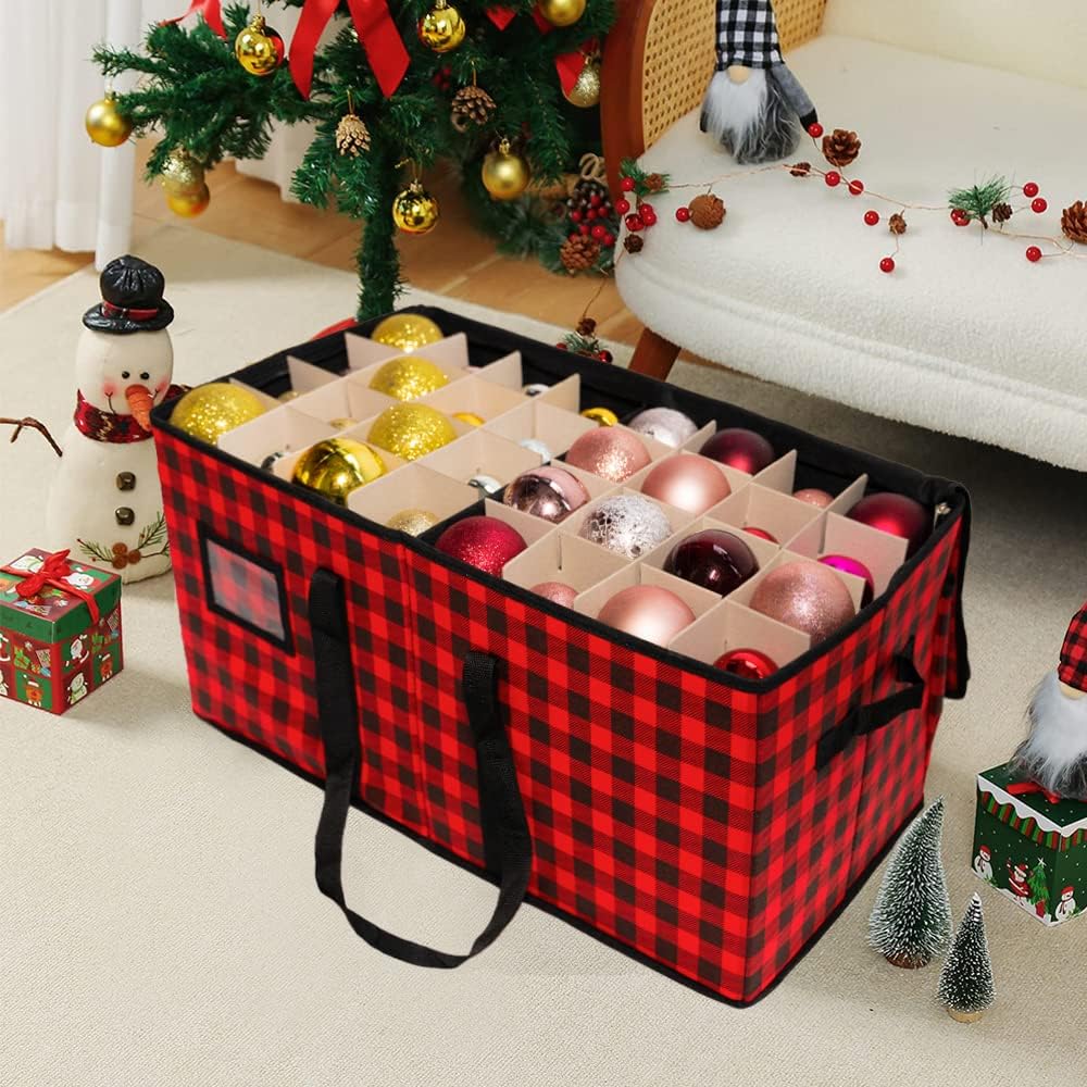 Large Christmas Ornament Storage Container Box, Fits up to 128 Ornaments, Holiday Xmas Ornaments Box with Zipper Closure（Red and Black）