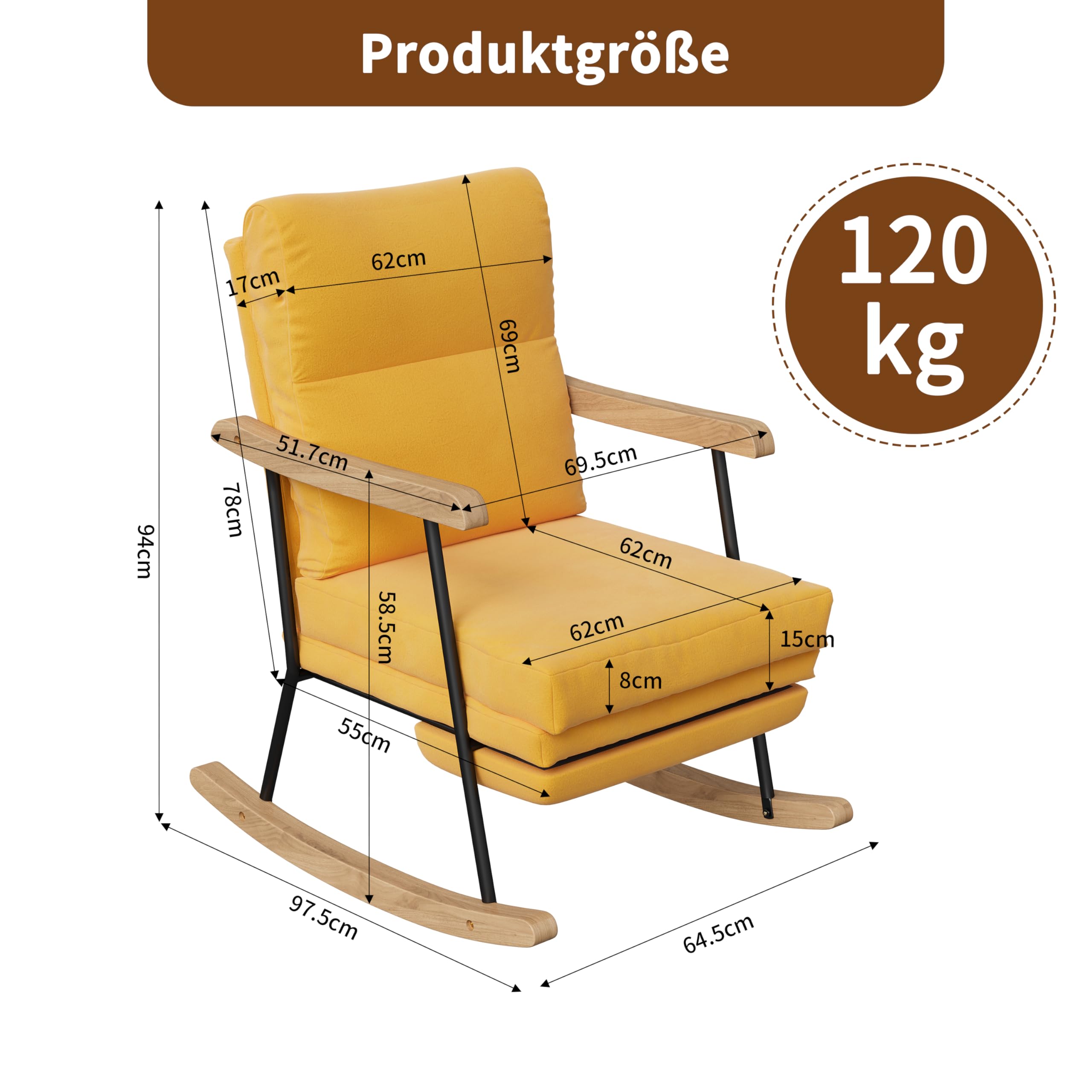 KeepGoon Chaise à Bascule, Fauteuil à Bascule avec Dossier, Repose-Pieds Coulissant, Fauteuil de Relaxation, pour Salon, Chambre à Coucher, Tissu en Coton et Lin (Jaune)