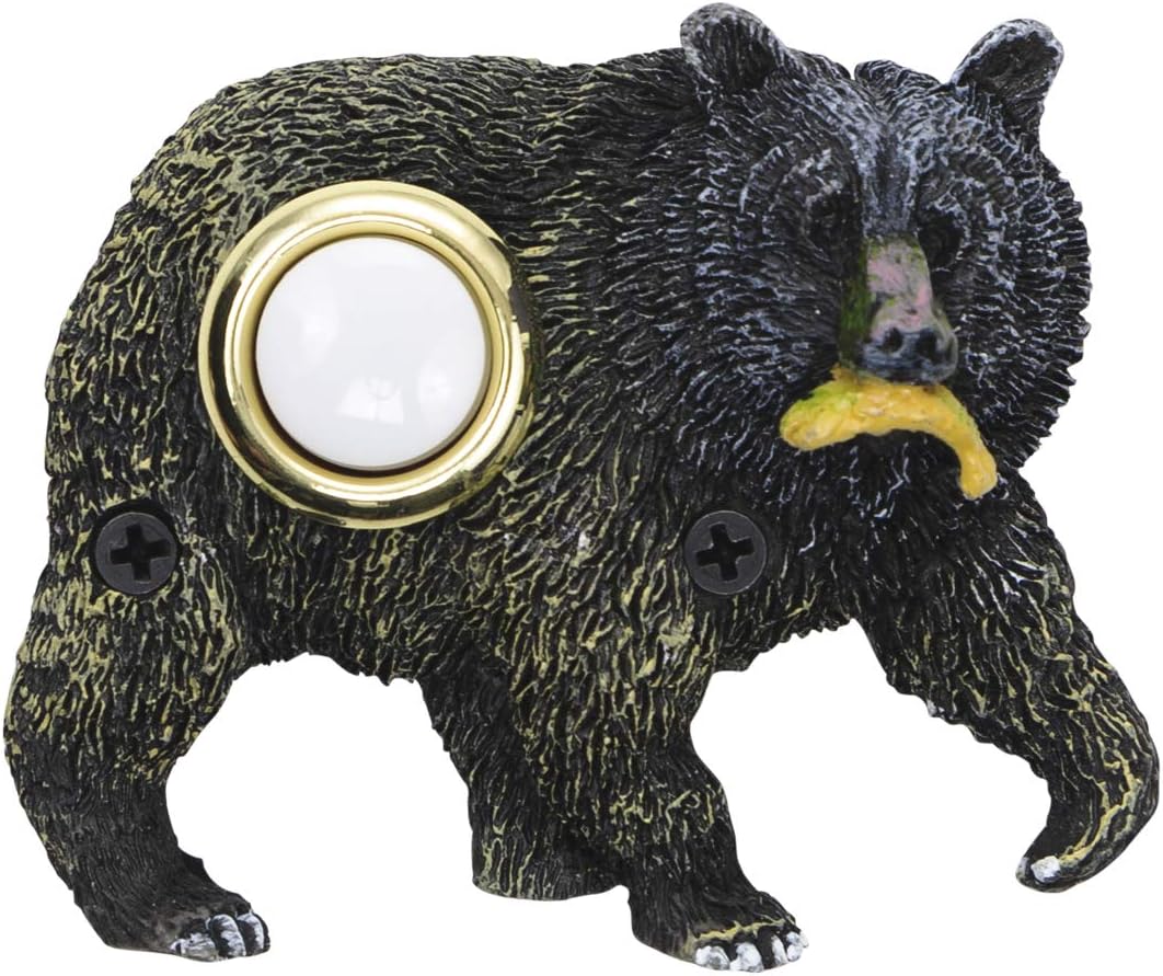 Hand Painted Bear with Fish Doorbell - Wired & Illuminated Push Button Cast in Durable Polyresin