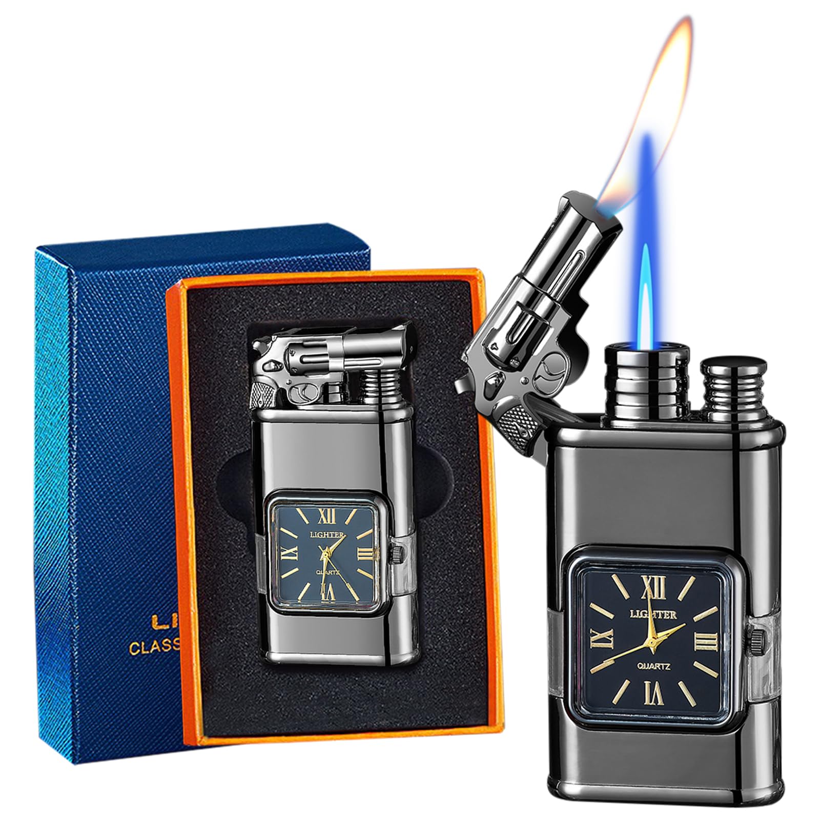 Lighter, Windproof Torch Lighter Jet Flame and Soft Flame, Cool Adjustable Lighter with Visible Fuel Window, Refillable Butane Lighter for Outdoor Indoor Men Women (Without Butane)-Black G-image-47