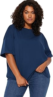 ترنديول تي شيرت بيسيك محبوك بياقة مضلعة ونمط واسع للنساء مصنوع من القطن بنسبة 100% TBBSS23BF00017 مقاس كبير