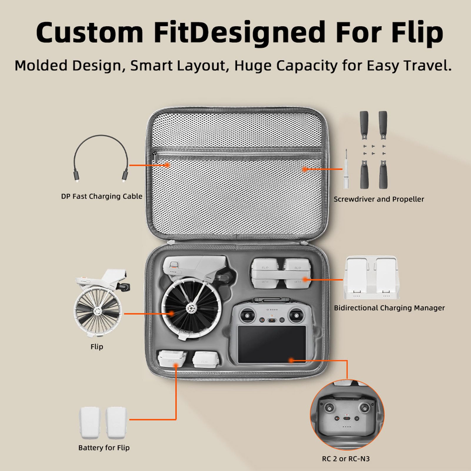 KUIDAMOS Borsa a Tracolla Portatile per Riporre il Drone, Custodia Antiurto per Drone Flip, con 1 Batteria Extra, Ideale per L'escursionismo