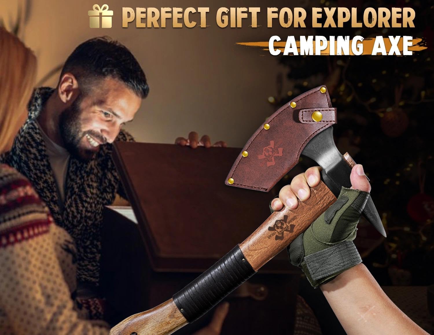 Beil Outdoor Holz Spalten Handgeschmiedet Handbeil mit Kuhfuß,Bushcraft Axt mit Holzgriff und Lederscheide,Camping Axt Geschenk für Männer Long