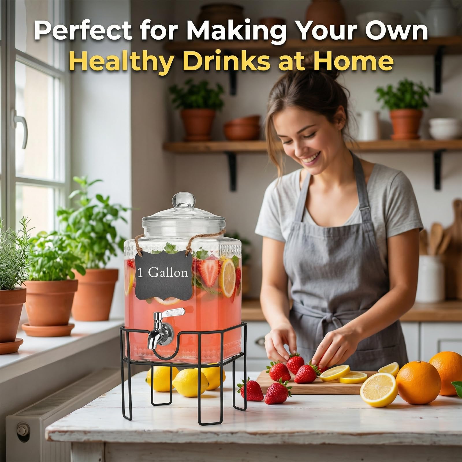 Dispensador de bebidas, dispensadores de bebidas para fiestas, dispensador de bebidas de vidrio de 1 galón con soporte y tapa de vidrio, espiga 100% a prueba de fugas, ideal para limonada, jugo, té