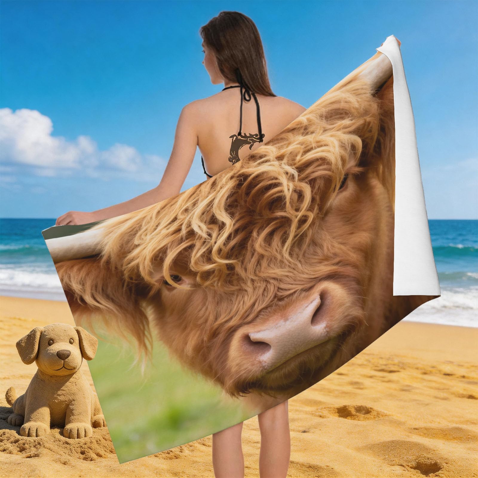 Leichong 3D Highland Cow Beach Towel Large Microfiber Soft Quick Dry for Adults, Animal Print Bath Towel Lightweight Soft Absorbent for Travel Swimming Pool Sports, 180 x 90 cm