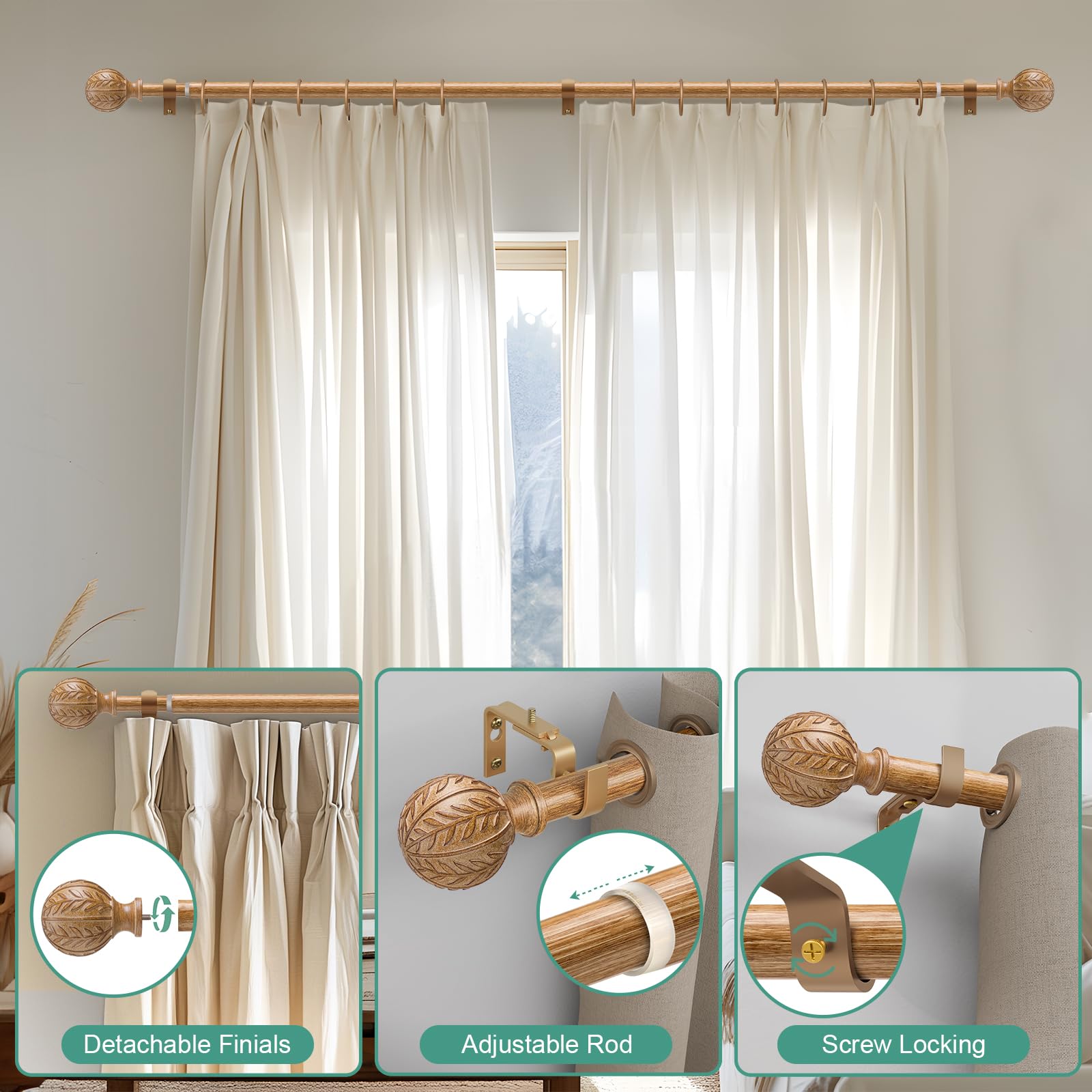 Boho Wood Curtain Rods - Adjustable & Natural -9