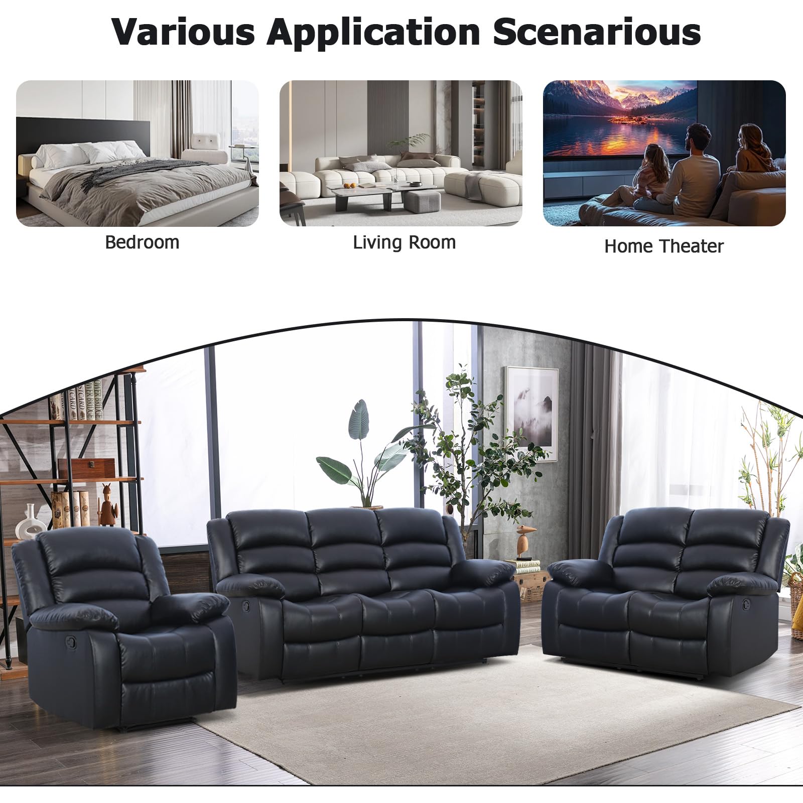 EBELLO Manual Recliner Sofa Set, Faux Leather Reclining Couch Furniture Set for Living Room, Includes 1 Recliner Chair, 1 Loveseat Sofa and 1 3-Seater Reclining Couch, Black view 5