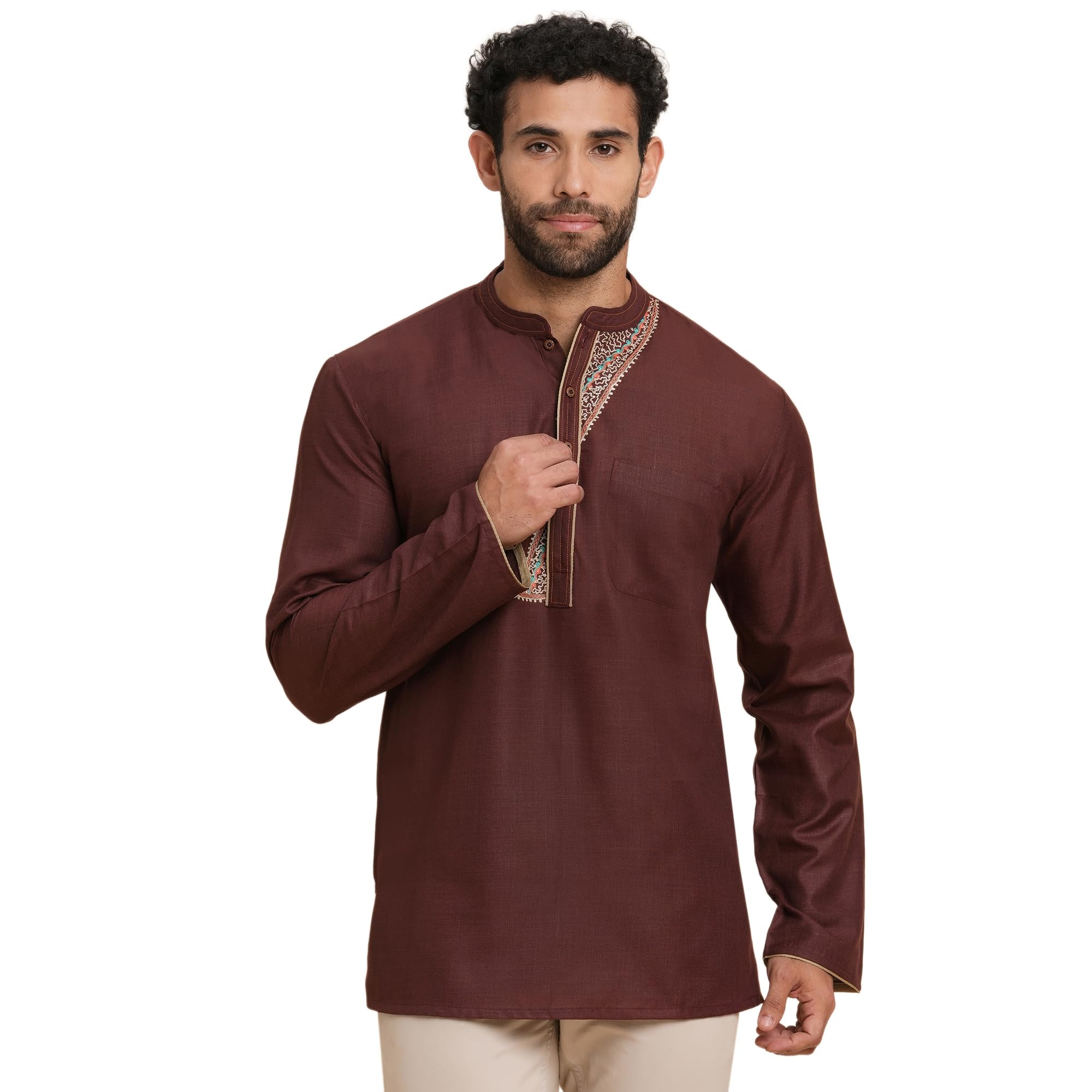Men’s Brown Polycotton Full Sleeve Slub Textured Kurta | Yoke Embroidered | Regular Fit with Mandarin Collar & Buttons | Hip Length-image-26