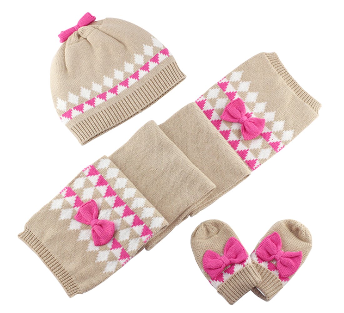 Ding-dong Baby Kid Girl Winter Knitted Bowknot Hat+Scarf+Gloves 3 Pieces Set(1-3T) Khaki