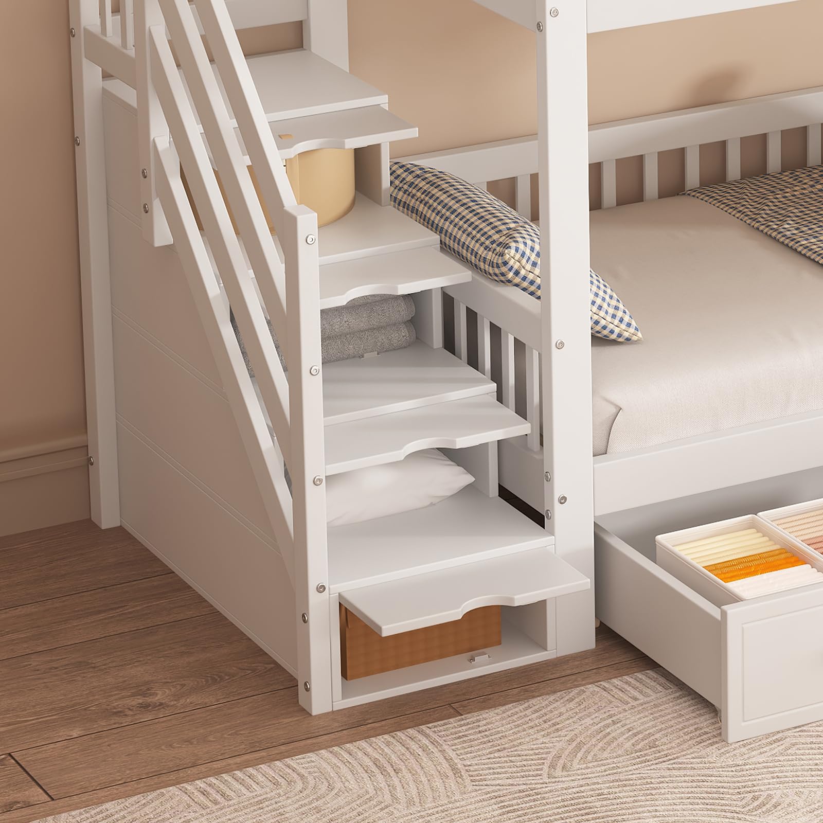 Letto a castello per bambini, 90 x 200 cm, con porta di sicurezza, finestra, due cassetti su ruote e scala con quattro ripostigli. Legno bianco e naturale. (Bianco)