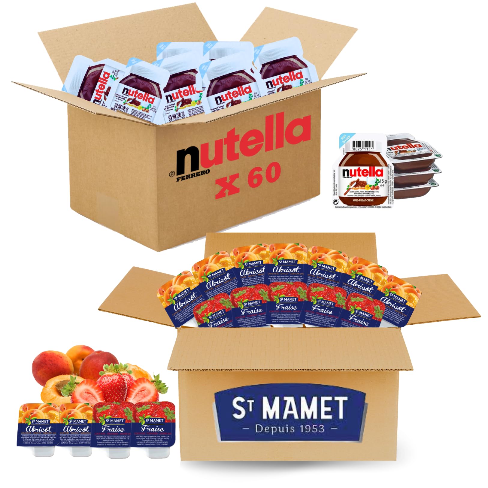 ST MAMET/NUT - 120 Barquettes de Préparation de Fruits et Pâte à tartiner | Portions individuelles de pâte à tartiner noisette 15g et confitures fraise abricot 25g - Petit déjeuner, Hôtel, Airbnb