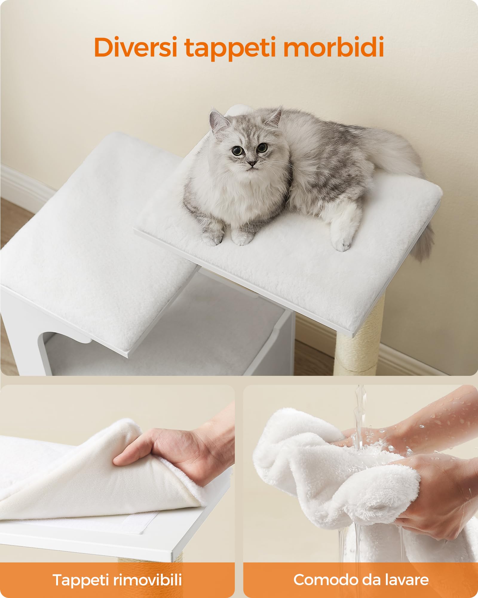 Feandrea Tiragraffi, Albero per Gatti di Truciolato Alto 86 cm, con Grotta, Posatoi, Colonna e Tappeto Graffiatoio in Sisal, Lavabili Tappeti in Pelliccia Sintetica, Bianco Nuvola PCT070W01