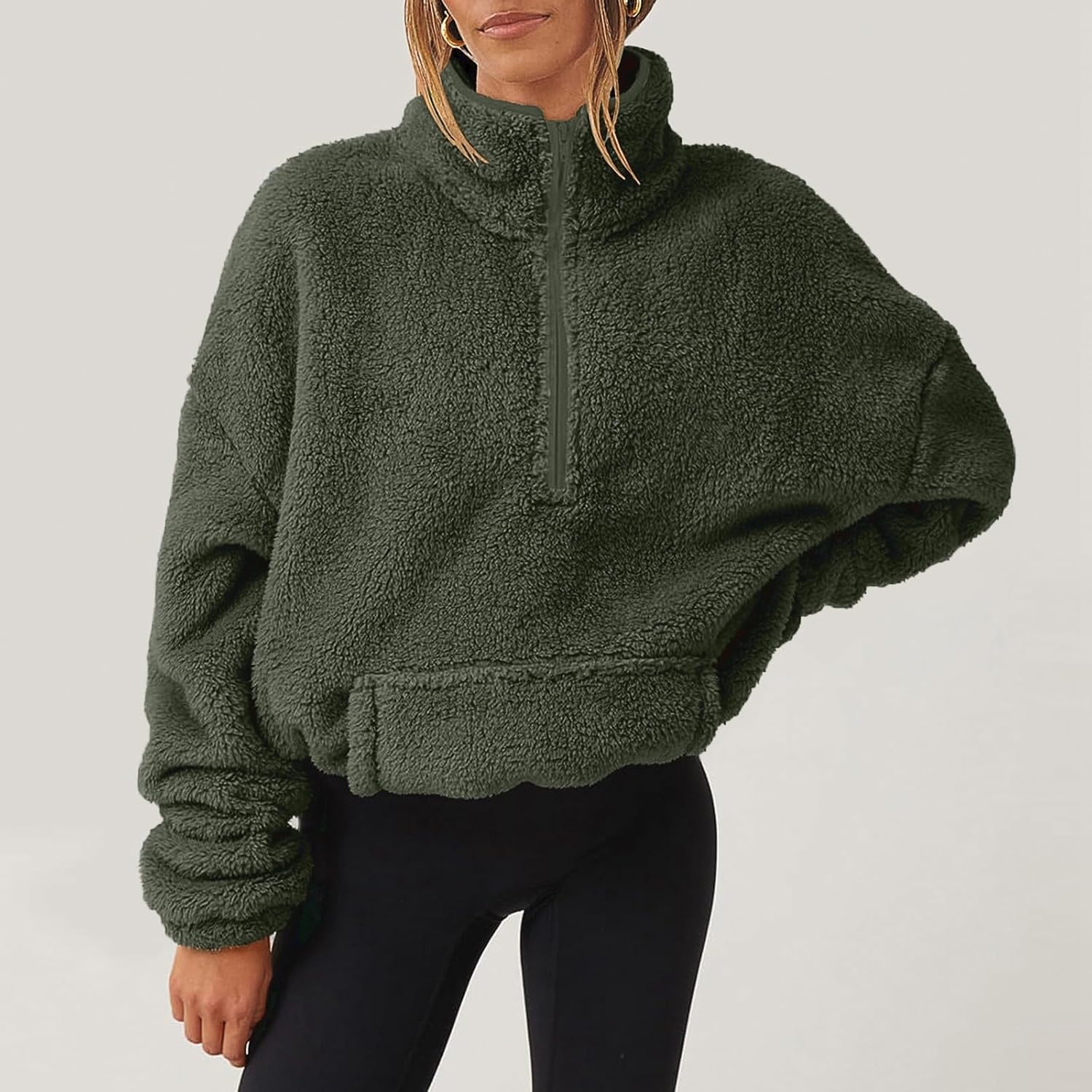 1/4 Zip Sherpa Pullover Womens Fuzzy Fleece Half Zip Pullover Oversized Zip Up Hoodie Quarter Zip Cropped Sweatshirt Womens Quarter Zip Pullover Womens Sweatshirts Pullover Sweatshirts for Women - Image 5
