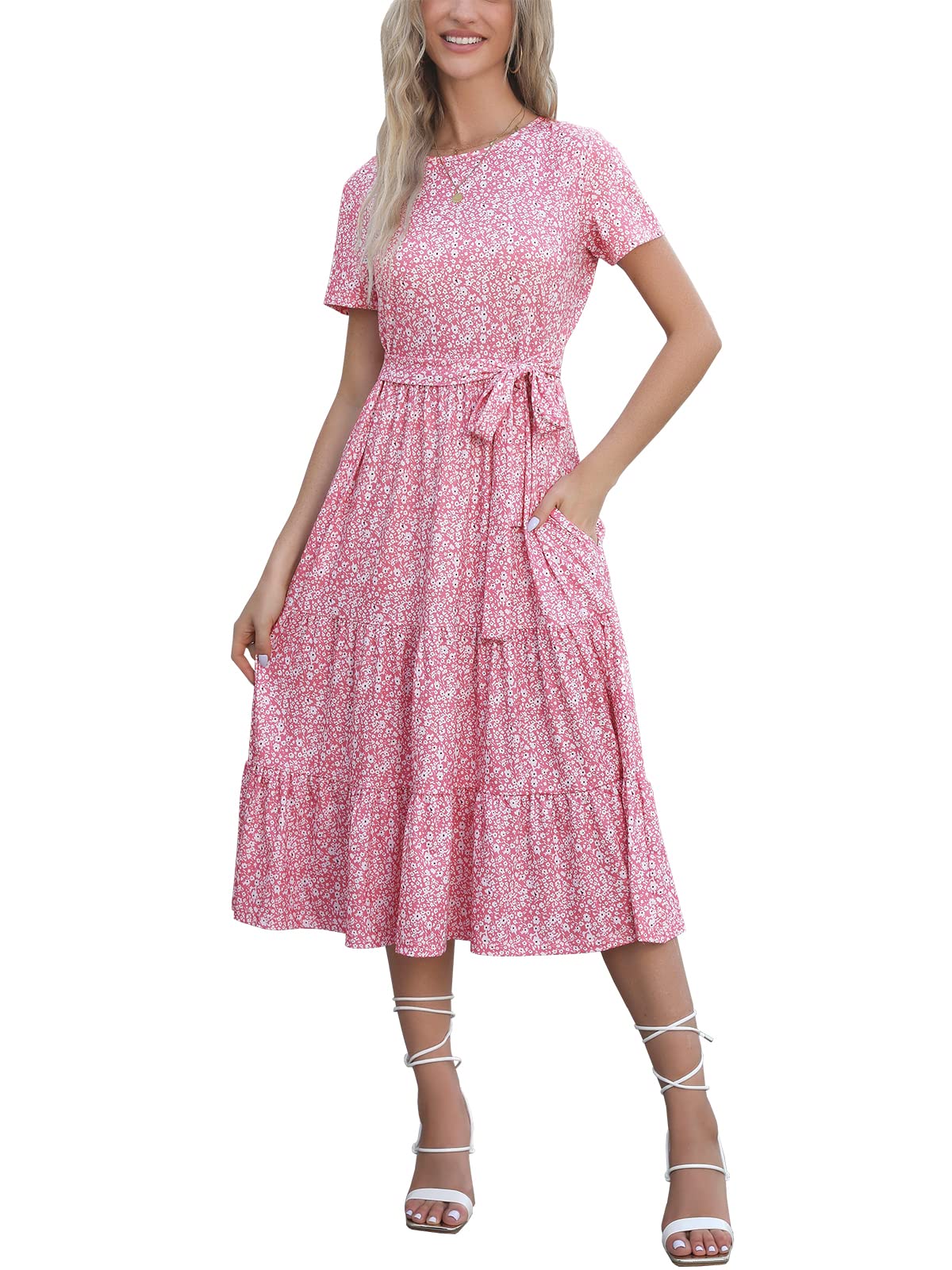 Lyrur Women's Summer Casual Short Sleeve Modest Teacher Church Midi Dress | Crew Neck, Tie Waist, Side Pockets, Flowy A-Line Fit for School Work Outfits for Educators, Office, Classroom and Daily Wear