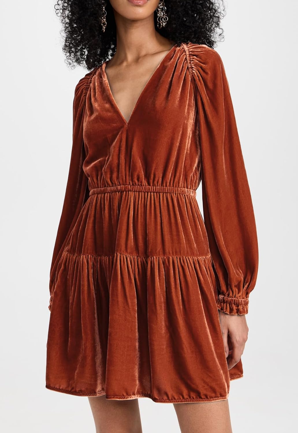 R.Vivimos Womens Fall Velvet Mini Dress V Neck Long Sleeve Elastic Waist Winter Tiered Flowy Swing A-Line Dress with Pockets - Image 3