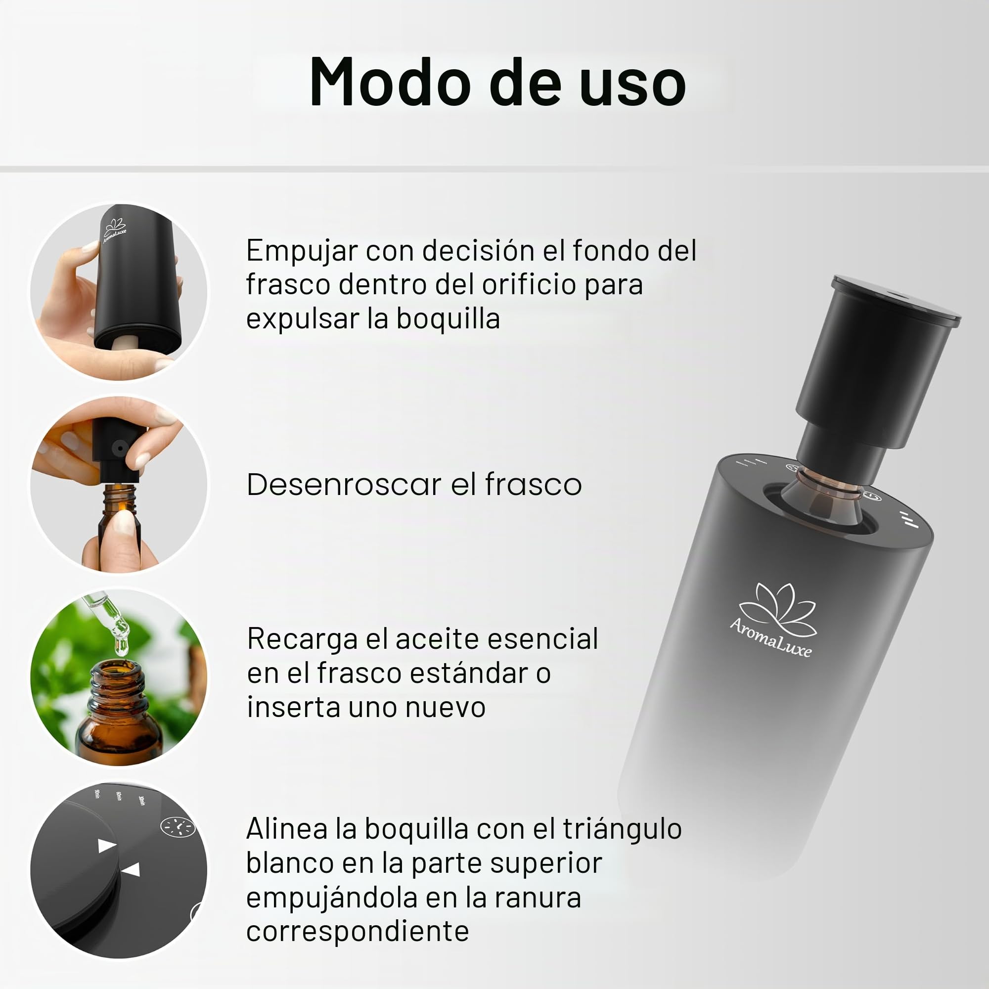 AromaLuxe – Difusor de aroma para aceites esenciales, sin agua, batería recargable, intensidad ajustable y temporizador, aluminio resistente, negro