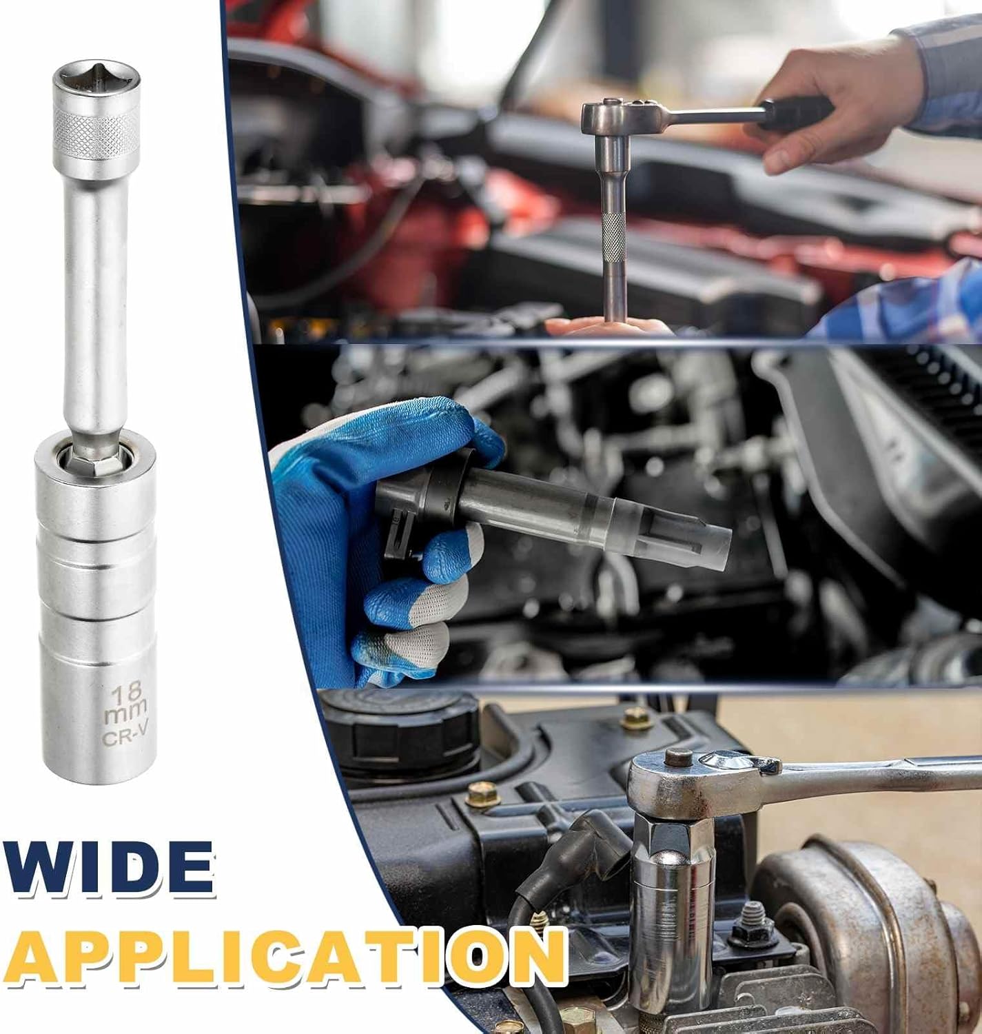 HARFINGTON 2pcs Spark Plug Socket Set 3/8" Drive 18mm Swivel Magnetic 12 Point Medium Thin Wall Spark Plug Socket with 360 Degree Swivel CR-V Steel, Silver