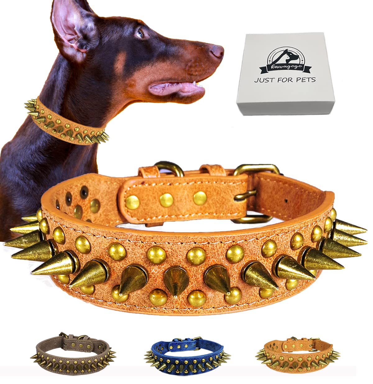 Leather Dog Collar with Sharp Spikes,Protect The Dog's Neck from Bites,Suit Large Medium Dogs (Brown, L)